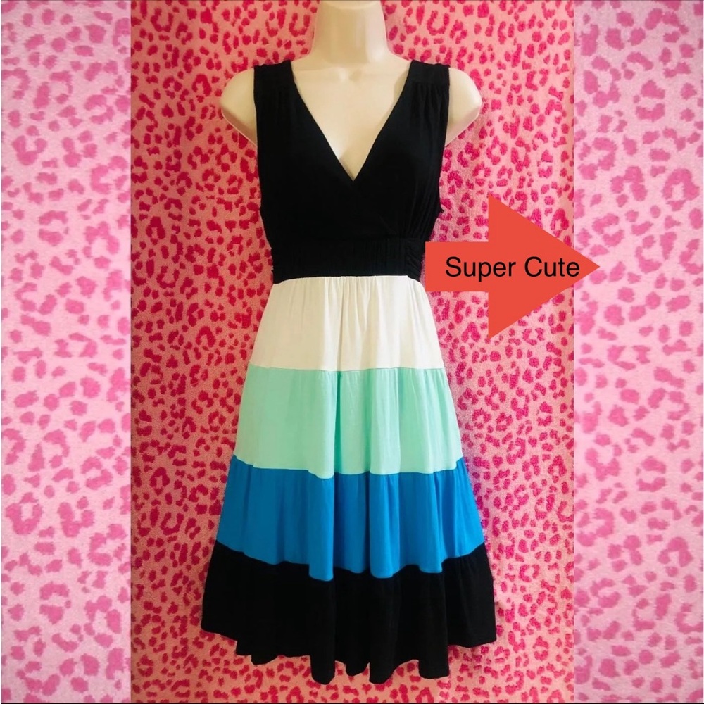 Colorblock Sleeveless Dress - Black, White, Blue, Green